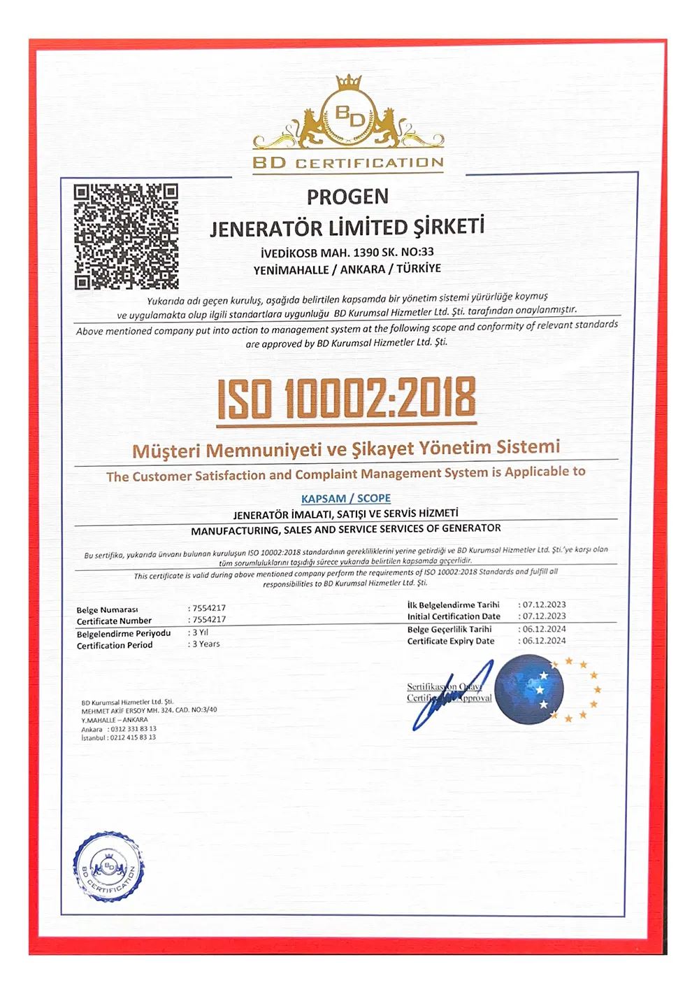 Progen Jeneratör ISO10002 Belgesi
