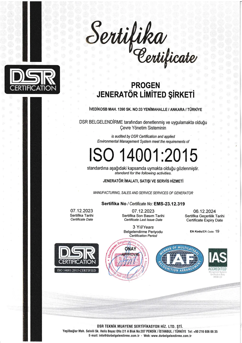 Progen Jeneratör ISO14001 Belgesi