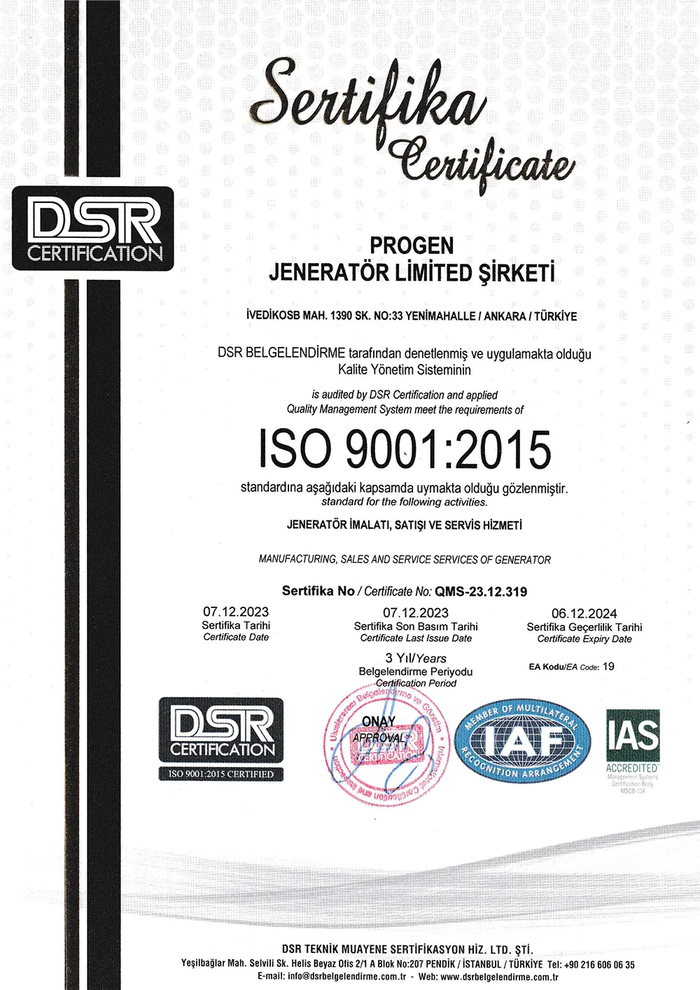 Progen Jeneratör ISO9001 Belgesi